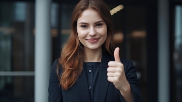 Generatywny AI portret bizneswomanu z uniesionym kciukiem
