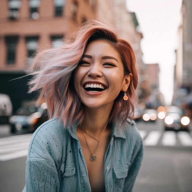 Generatywny ai portret młodej azjatyckiej rebelianckiej kobiety o różowych włosach, wyglądającej na kamerę pogodną i pewną siebie