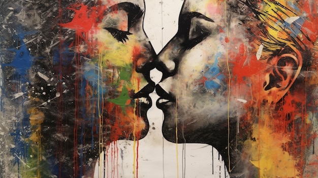 Generatywny AI Rainbow LGBT kolory jako graffiti na ścianie street art z dwoma całującymi się osobami