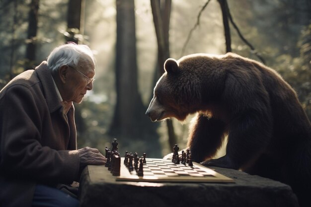 Generatywny ai starszy mężczyzna siedzi na zewnątrz lasu gra w szachy z niedźwiedziem