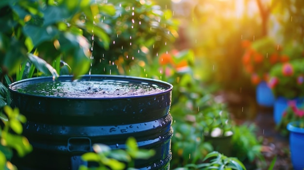 Generatywny AI system zbierania wody deszczowej w ogrodzie z koncepcją ekologiczną beczki