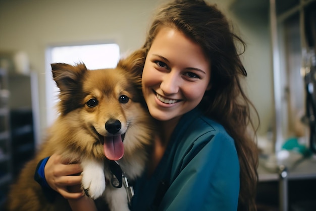 Zdjęcie generatywny ai veterinary petting dog zdrowy zwierzę na wizycie kontrolnej w nowoczesnej klinice weterynaryjnej