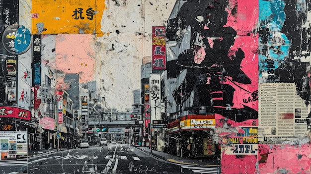 Generatywny AI vintage grunge czarno-biały kolazowy plakat z azjatyckim krajobrazem miejskim Różne tekstury i kształtyx9