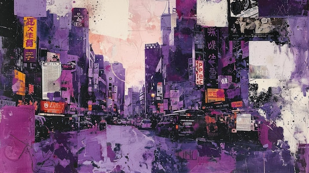 Generatywny AI vintage grunge fioletowy plakat kolażowy z azjatyckim krajobrazem miejskim Różne tekstury i kształty