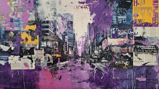 Generatywny AI vintage grunge fioletowy plakat kolażowy z azjatyckim krajobrazem miejskim Różne tekstury i kształty