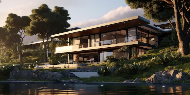 Generatywny AI Widok basenu przed nowoczesnym luksusowym domem Villa hotel resort
