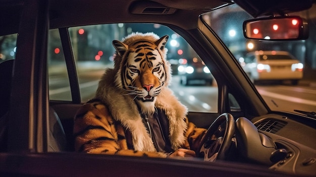 Generatywny AI zamaskowany tygrys w samochodzie