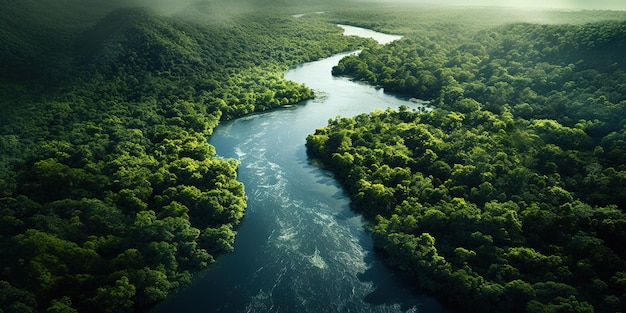 Generatywny AI zielony piękny krajobraz dżungli amazońskiej z drzewami i widokiem na drony rzeczne