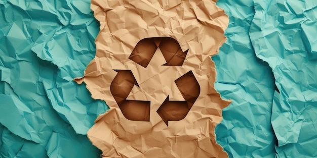 Generatywny AI Znak z logo recyklingu wykonany z zmarszczonego papieru koncepcja ponownego wykorzystania zero odpadów z przestrzenią do kopiowania