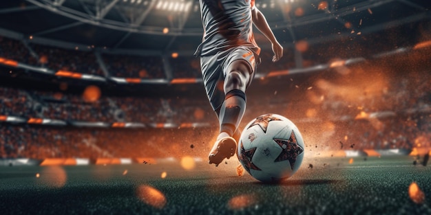 Generatywny but piłkarski AI kopie piłkę nożną na stadionie