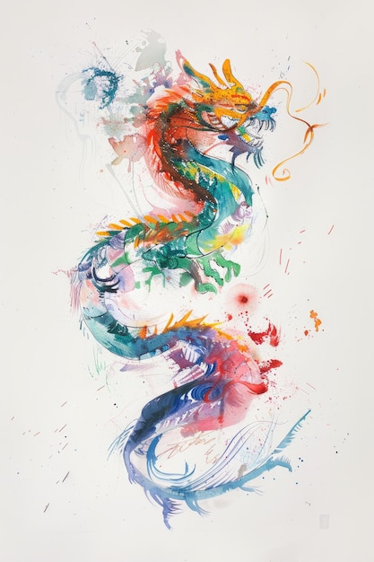 Generatywny japoński kolorowy plakat z akwarelowym smokiem