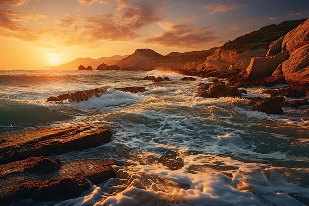 Generatywny obraz AI fal w morzu z złotym niebem przy zachodzie słońca