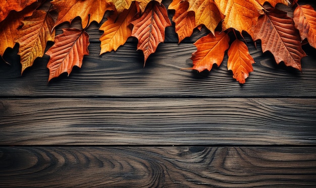 Generatywny obraz AI jesiennego tła z liśćmi pomarańczy na drewnianym stole