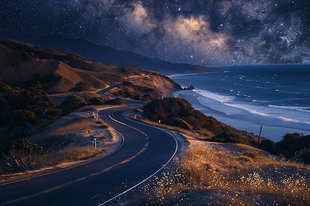Generatywny obraz AI krętej drogi obok plaży z widokiem na wzgórza w nocy