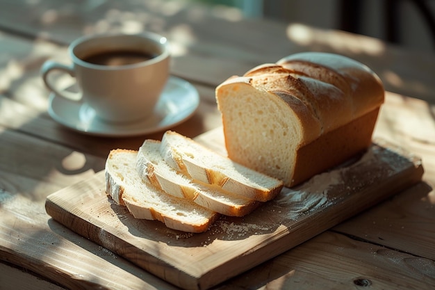 Generatywny obraz AI naciętego chleba pszenicznego z filiżanką kawy na drewnianym stole