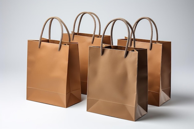 Generatywny obraz AI przedstawiający brązowe papierowe torby na zakupy z uchwytami linowymi na na białym tle