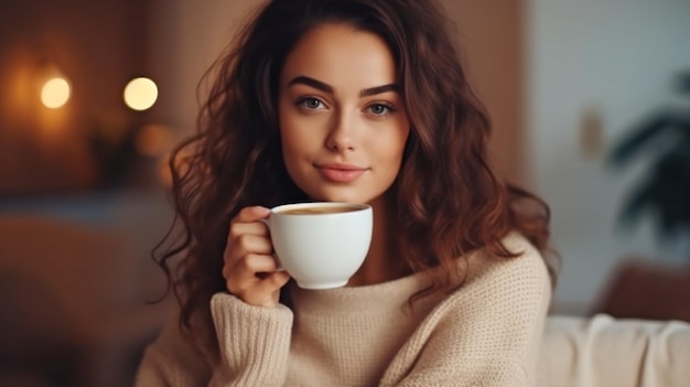 Generatywny obraz AI przedstawiający młodą, oszałamiającą kobietę pijącą kawę