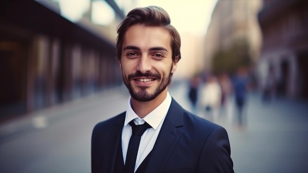 Generatywny obraz AI przedstawiający uśmiechniętego mężczyznę w stroju biznesowym na ulicy miasta