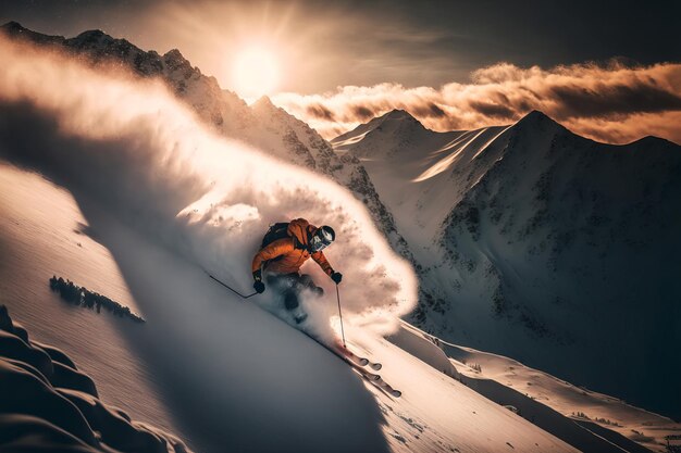 Zdjęcie generatywny obraz ai sportowca w odzieży wierzchniej zjeżdżającego na nartach w dół ośnieżonej góry w pobliżu malowniczej grani w słoneczny dzień