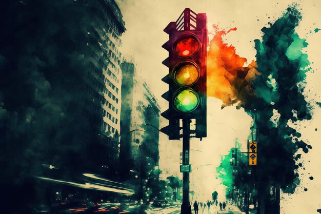 Zdjęcie generatywny obraz ai sygnalizacji świetlnej w przyszłym mieście z plamami zielonej farby akwarelowej
