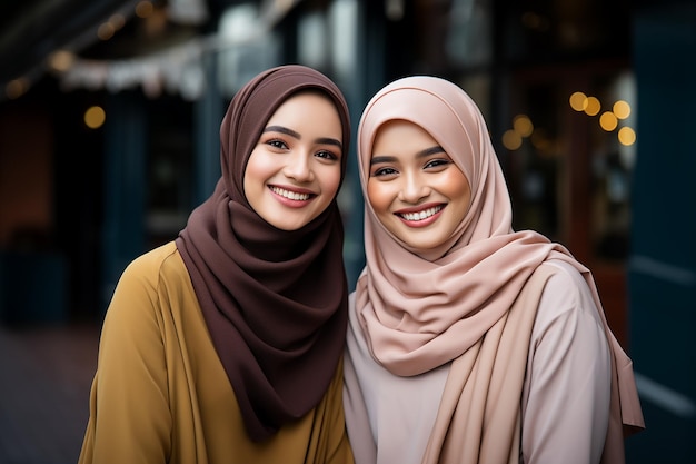 Generatywny obraz dwóch pięknych azjatyckich dziewcząt w hidżabie robiących razem zdjęcie