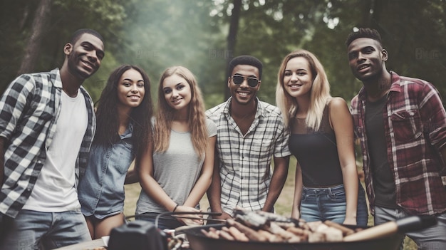 Generatywny obraz grupowy AI przedstawiający nastolatków korzystających z pikniku zgrupowanych wokół grilla