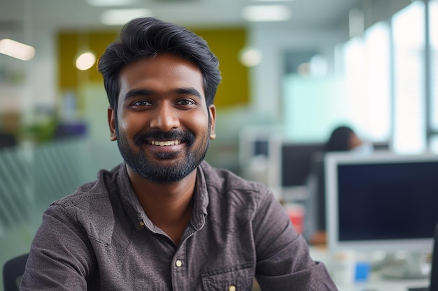 Generatywny obraz indyjskiego mężczyzny z uśmiechniętym wyrazem twarzy w biurze