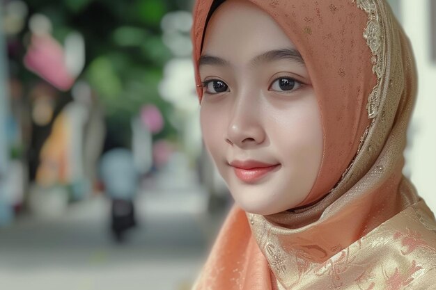 Generatywny obraz pięknej azjatyckiej dziewczyny w hidżabie z uśmiechniętym wyrazem twarzy na ulicy