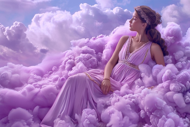 Generatywny obraz pięknej greckiej bogini siedzącej i relaksującej się na chmurach bawełnianych cukierków na jasnym niebie