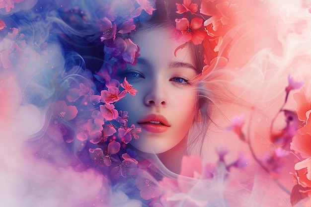 Generatywny obraz pięknej rosyjskiej modelki z akwarelami, kwiatami, dymem na tle