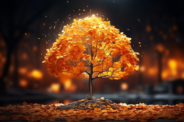 Generatywny obraz pomarańczowego klonu jesienią na ciemnym tle