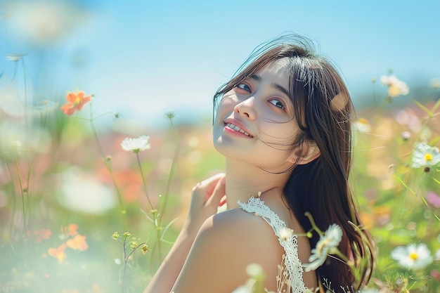 Zdjęcie generatywny obraz portretu pięknej dziewczyny uśmiechającej się w parku kwiatowym
