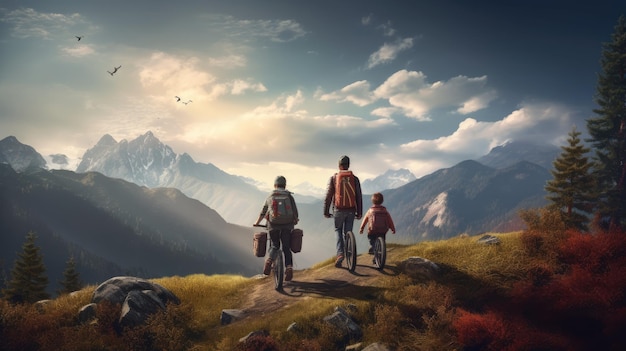Generatywny obraz rodziny, mamy, taty i dzieci na przejażdżce rowerowej wśród turystów na górzystym terenie