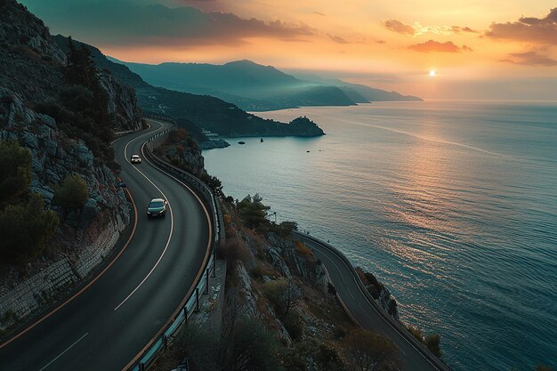 Generatywny obraz samochodów przejeżdżających krętą drogę na klifie w pobliżu oceanu o zachodzie słońca