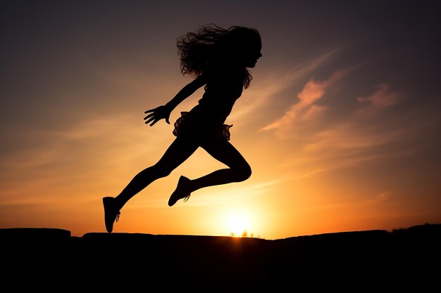 Generatywny obraz sylwetki dziewczyny skaczącej na polu przy zachodzie słońca