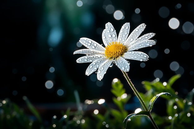 Generatywny obraz sztucznej inteligencji białego kwiatu margaretki z kropelami wody na tle Bokeh