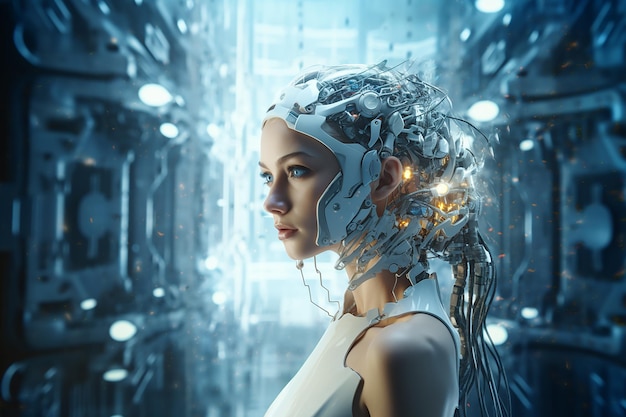 Generatywny obraz sztucznej inteligencji futurystycznej kobiety-robota z sztuczną inteligencją w laboratorium