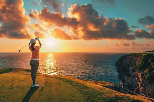 Generatywny obraz sztucznej inteligencji golfistki stojącej na klifie z widokiem na morze o wschodzie słońca