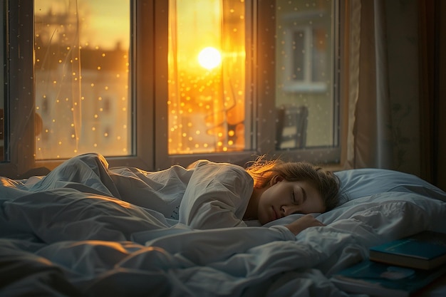 Generatywny obraz sztucznej inteligencji kobiety śpiącej na łóżku z światłem słonecznym z okna o wschodzie słońca