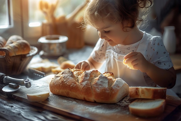 Generatywny obraz sztucznej inteligencji małej dziewczynki robiącej chleb pszeniczny w kuchni, uśmiechając się