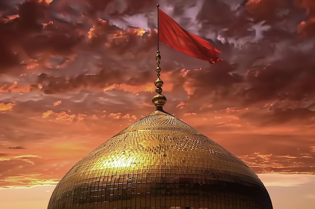 Generatywny obraz sztucznej inteligencji meczetu Złotej Kopuły z czerwoną flagą przy zachodzie słońca w miesiącu Muharram Asyura