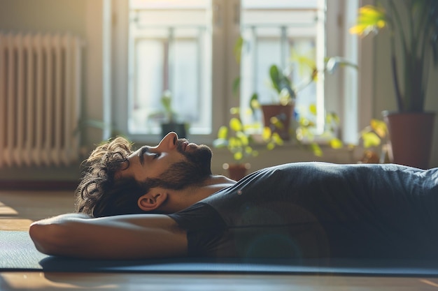 Zdjęcie generatywny obraz sztucznej inteligencji mężczyzny leżącego, relaksującego się, odpoczywającego na matce jogi w domu