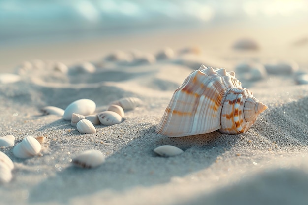 Generatywny obraz sztucznej inteligencji muszli morskiej z białym piaskiem na plaży