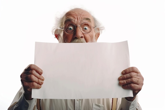 Zdjęcie generatywny obraz sztucznej inteligencji starca noszącego okulary z wstrząśniętym wyrazem twarzy trzymającego pusty biały papier