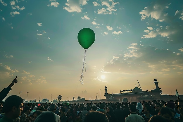 Generatywny obraz sztucznej inteligencji uwalniania zielonego balonu w dniu rezolucji w Pakistanie w ciągu dnia