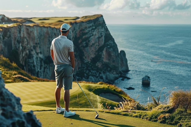 Generatywny obraz sztucznej inteligencji z tyłu mężczyzny grającego w golfa stojącego na klifie z morskim krajobrazem