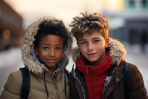 Generatywny obraz sztucznej inteligencji zbliżonego zdjęcia dwóch małych chłopców o różnej narodowości