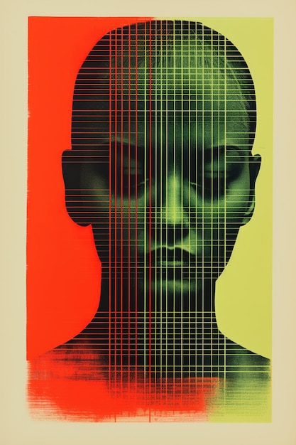 Generatywny plakat AI z modną twarzą kobiety w kolorystyce i stylu glitch w żywych kolorach