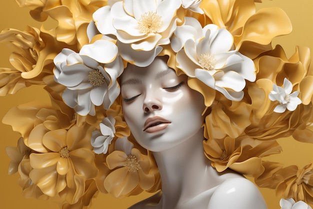Generatywny portret ai collage porcelanowej damy z nieskazitelną skórą, rytualną boginią kwiatową fryzurą