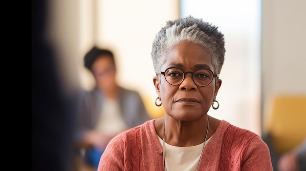 Generatywny portret AI starszej czarnej kobiety siedzącej w kręgu w grupie wsparcia zdrowia psychicznego w domu spokojnej starości